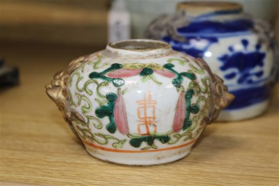 Three Chinese porcelain jars, Qing Dynasty - one crackleglaze, a blue and white and a famille rose example tallest 14cm